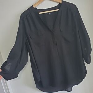 Torrid Harper 0 Blouse Black sheer 3/4 Sleeve Top 1/4 Button Collar Office Wear
